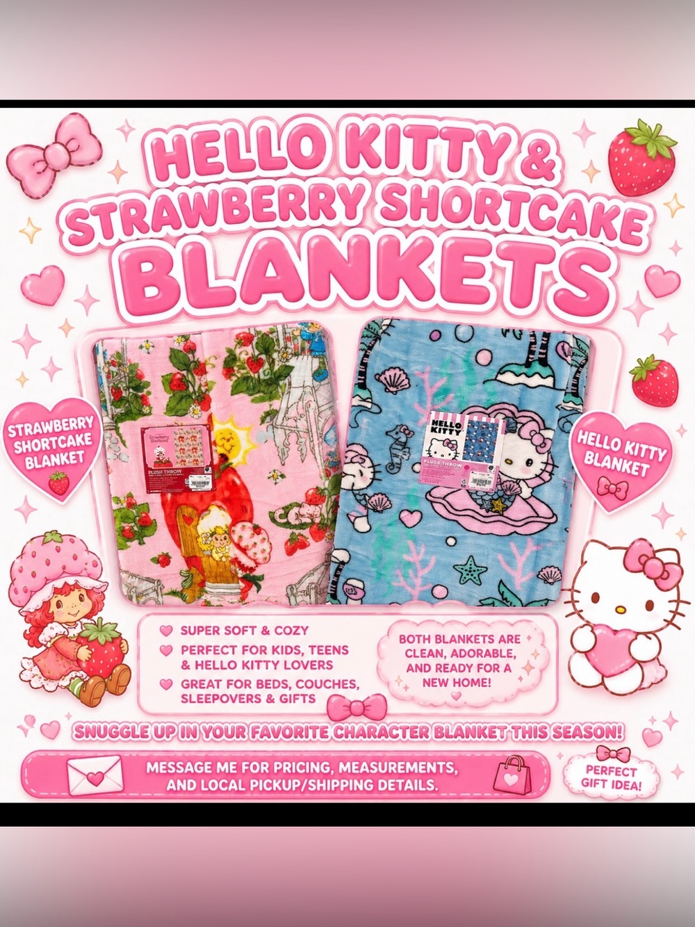 New hello kitty or strawberry shortcake throw blanket